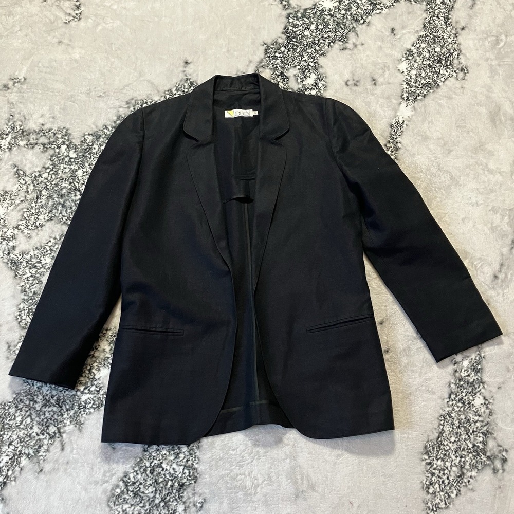 Vtg Laurel Escada Blazer Womens Size 36/6 Black Linen Cotton Blend Open Front